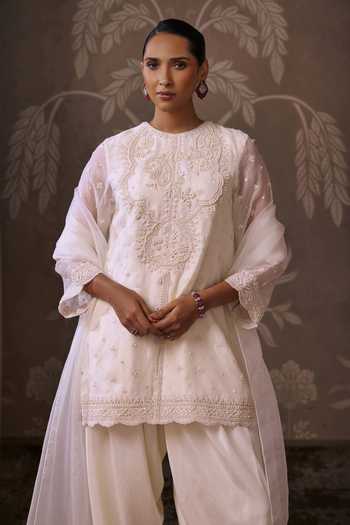 Shop_Ridhi Mehra_Ivory Organza, Silk Round Neck The Imperial Embroidered Kurta Set _Online_at_Aza_Fashions