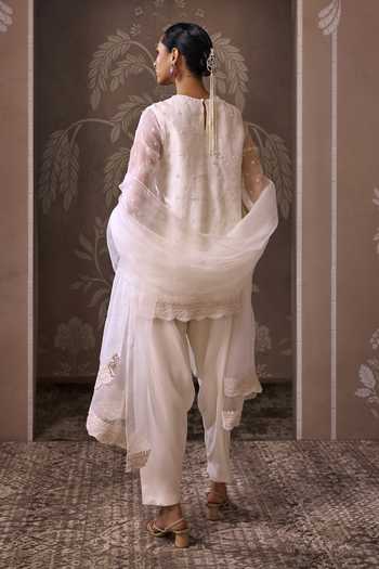 Shop_Ridhi Mehra_Ivory Organza, Silk Round Neck The Imperial Embroidered Kurta Set _at_Aza_Fashions