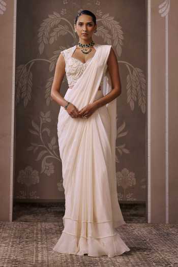 Buy_Ridhi Mehra_Ivory Organza, Chiffon, Net The Eternal Pre-draped Saree With Embroidered Blouse _at_Aza_Fashions