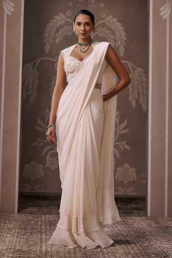 Ridhi Mehra_Ivory Organza, Chiffon, Net The Eternal Pre-draped Saree With Embroidered Blouse _Online_at_Aza_Fashions