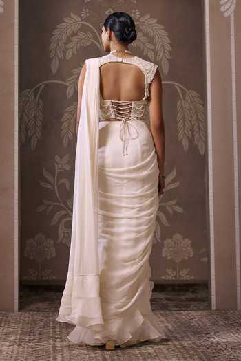Shop_Ridhi Mehra_Ivory Organza, Chiffon, Net The Eternal Pre-draped Saree With Embroidered Blouse _at_Aza_Fashions