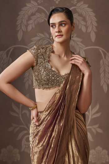 Ridhi Mehra_Gold Tissue, Net Sweetheart Neck The Antique Pre-draped Saree With Blouse _Online_at_Aza_Fashions
