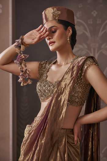 Shop_Ridhi Mehra_Gold Tissue, Net Sweetheart Neck The Antique Pre-draped Saree With Blouse _Online_at_Aza_Fashions