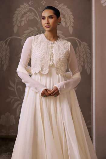 Ridhi Mehra_Ivory Organza, Chiffon, Net The Empress Embroidered Koti Jacket And Anarkali Set _Online_at_Aza_Fashions