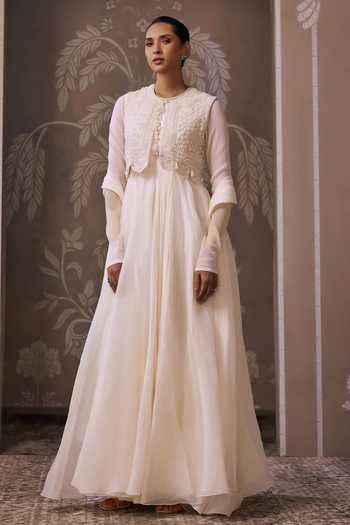 Buy_Ridhi Mehra_Ivory Organza, Chiffon, Net The Empress Embroidered Koti Jacket And Anarkali Set _Online_at_Aza_Fashions
