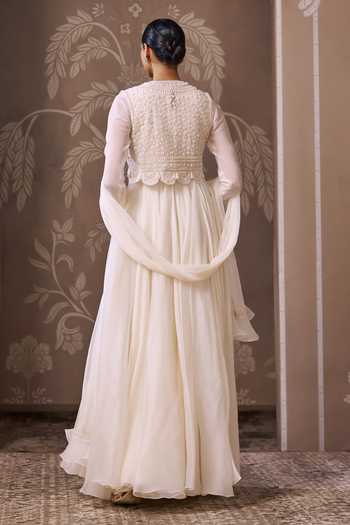 Shop_Ridhi Mehra_Ivory Organza, Chiffon, Net The Empress Embroidered Koti Jacket And Anarkali Set _at_Aza_Fashions