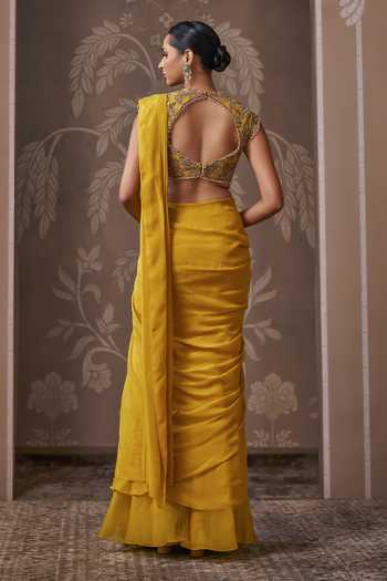 Shop_Ridhi Mehra_Yellow Organza, Chiffon, Net Saga Pre-draped Saree With Embroidered Blouse _at_Aza_Fashions