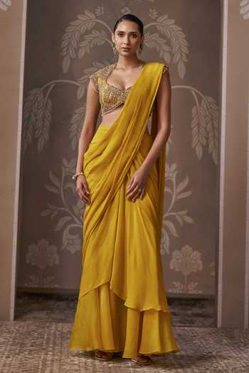 Ridhi Mehra_Yellow Organza, Chiffon, Net Saga Pre-draped Saree With Embroidered Blouse _Online_at_Aza_Fashions
