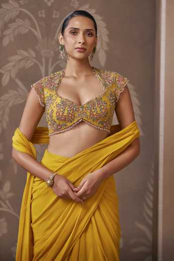 Buy_Ridhi Mehra_Yellow Organza, Chiffon, Net Saga Pre-draped Saree With Embroidered Blouse _Online_at_Aza_Fashions