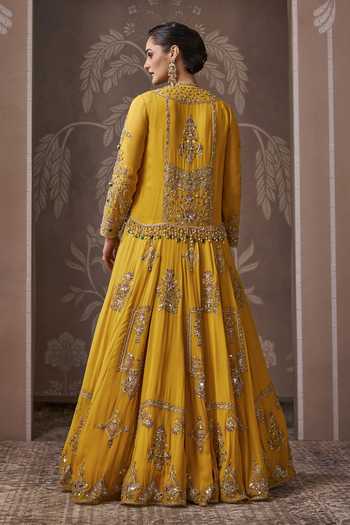 Shop_Ridhi Mehra_Yellow Georgette V-neck The Lineage Embroidered Longline Jacket With Anarkali _at_Aza_Fashions