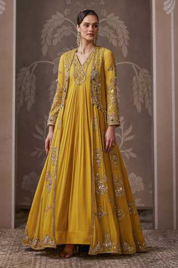 Ridhi Mehra_Yellow Georgette V-neck The Lineage Embroidered Longline Jacket With Anarkali _Online_at_Aza_Fashions