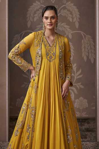 Buy_Ridhi Mehra_Yellow Georgette V-neck The Lineage Embroidered Longline Jacket With Anarkali _Online_at_Aza_Fashions