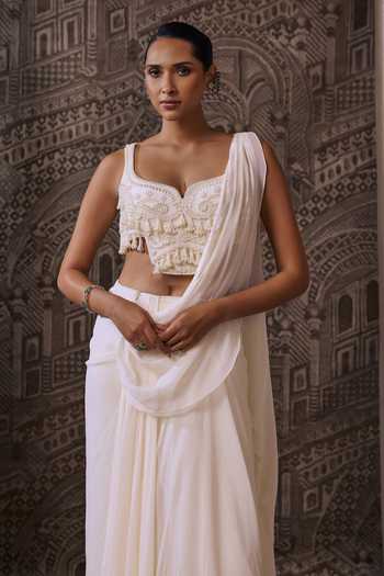Ridhi Mehra_Ivory Chiffon, Net Pre-draped Saree With Blouse _Online_at_Aza_Fashions