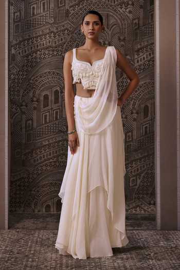 Buy_Ridhi Mehra_Ivory Chiffon, Net Pre-draped Saree With Blouse _Online_at_Aza_Fashions