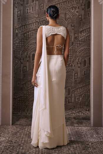 Shop_Ridhi Mehra_Ivory Chiffon, Net Pre-draped Saree With Blouse _at_Aza_Fashions