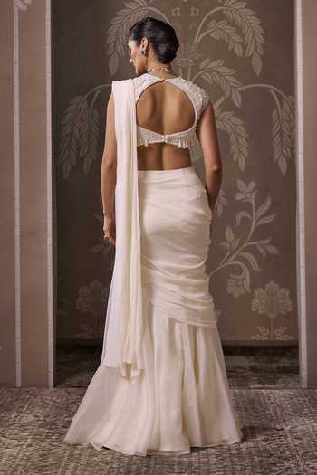 Shop_Ridhi Mehra_Ivory Organza, Chiffon, The Keepsake Pre-draped Saree With Embroidered Blouse _at_Aza_Fashions