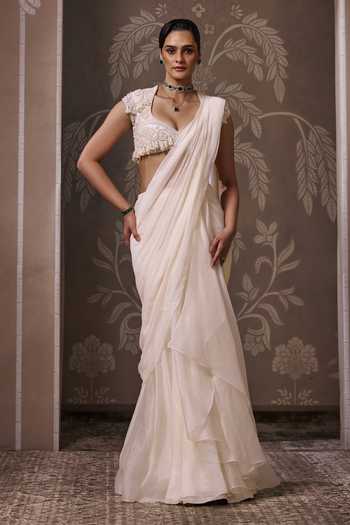 Buy_Ridhi Mehra_Ivory Organza, Chiffon, The Keepsake Pre-draped Saree With Embroidered Blouse _at_Aza_Fashions