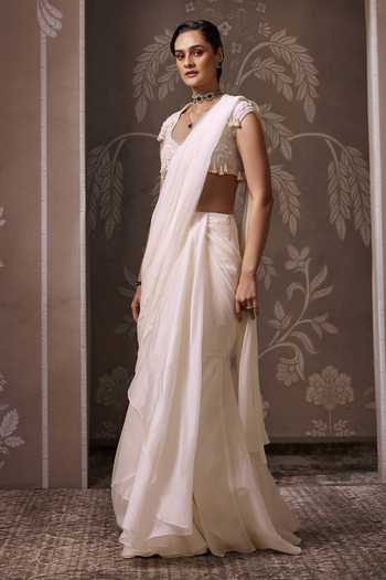 Buy_Ridhi Mehra_Ivory Organza, Chiffon, The Keepsake Pre-draped Saree With Embroidered Blouse _Online_at_Aza_Fashions