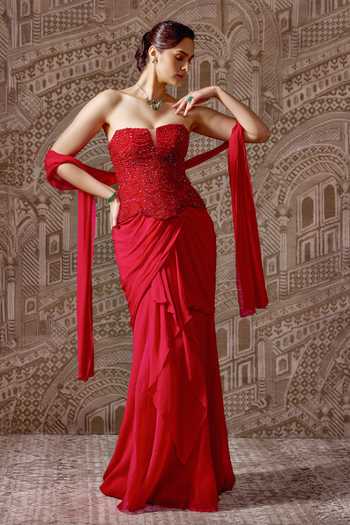Buy_Ridhi Mehra_Red Chiffon, Net Sequins, Beads Sweetheart Dynasty Pre-draped Skirt Saree Set _at_Aza_Fashions