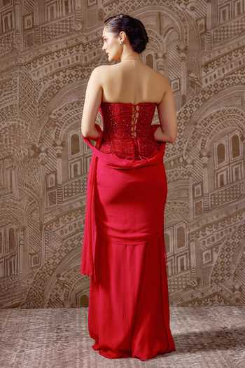 Shop_Ridhi Mehra_Red Chiffon, Net Sequins, Beads Sweetheart Dynasty Pre-draped Skirt Saree Set _at_Aza_Fashions
