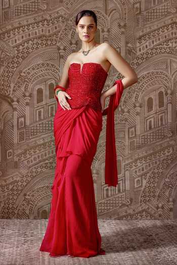 Buy_Ridhi Mehra_Red Chiffon, Net Sequins, Beads Sweetheart Dynasty Pre-draped Skirt Saree Set _Online_at_Aza_Fashions