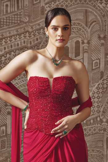 Shop_Ridhi Mehra_Red Chiffon, Net Sequins, Beads Sweetheart Dynasty Pre-draped Skirt Saree Set _Online_at_Aza_Fashions