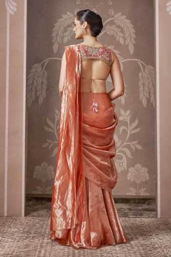Shop_Ridhi Mehra_Peach Tissue Regency Pre-draped Saree With Blouse _at_Aza_Fashions