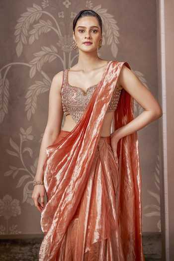 Ridhi Mehra_Peach Tissue Regency Pre-draped Saree With Blouse _Online_at_Aza_Fashions