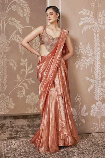 Buy_Ridhi Mehra_Peach Tissue Regency Pre-draped Saree With Blouse _Online_at_Aza_Fashions