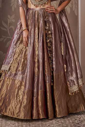 Ridhi Mehra_Gold Tissue Sweetheart Neck The Archive Embroidered Lehenga Set _Online_at_Aza_Fashions