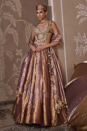 Shop_Ridhi Mehra_Gold Tissue Sweetheart Neck The Archive Embroidered Lehenga Set 