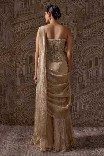 Shop_Ridhi Mehra_Gold Tissue, Net Sequins, The Era Pre-draped Saree With Embroidered Corset _at_Aza_Fashions