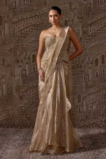 Ridhi Mehra_Gold Tissue, Net Sequins, The Era Pre-draped Saree With Embroidered Corset _Online_at_Aza_Fashions