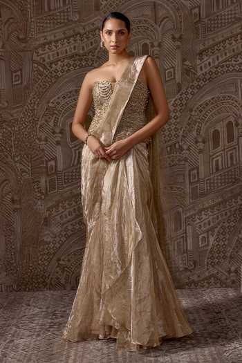 Buy_Ridhi Mehra_Gold Tissue, Net Sequins, The Era Pre-draped Saree With Embroidered Corset _at_Aza_Fashions