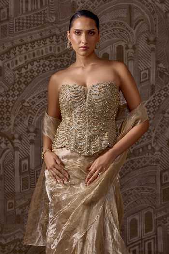 Buy_Ridhi Mehra_Gold Tissue, Net Sequins, The Era Pre-draped Saree With Embroidered Corset _Online_at_Aza_Fashions