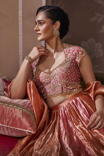 Buy_Ridhi Mehra_Orange Tissue Sweetheart Neck The Majesty Lehenga Set _Online_at_Aza_Fashions