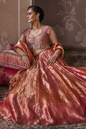 Ridhi Mehra_Orange Tissue Sweetheart Neck The Majesty Lehenga Set _at_Aza_Fashions