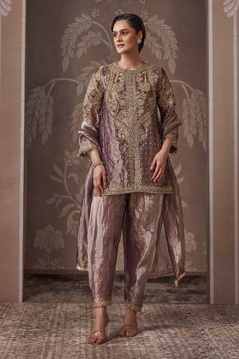 Buy_Ridhi Mehra_Gold Tissue Round Neck The Nostalgic Kurta Set _Online_at_Aza_Fashions