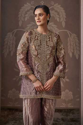 Shop_Ridhi Mehra_Gold Tissue Round Neck The Nostalgic Kurta Set _Online_at_Aza_Fashions