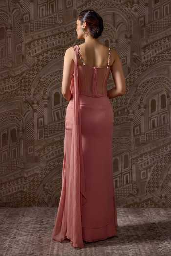 Shop_Ridhi Mehra_Peach Chiffon Beads, Mirrors The Treasured Pre-draped Saree With Corset _at_Aza_Fashions