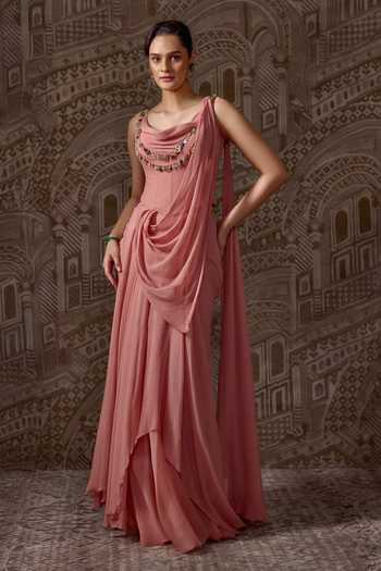 Buy_Ridhi Mehra_Peach Chiffon Beads, Mirrors The Treasured Pre-draped Saree With Corset _at_Aza_Fashions