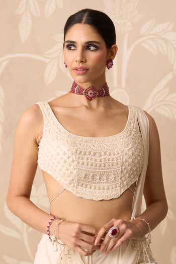 Ridhi Mehra_Ivory Chiffon, Net Scoop Neck Khwaab Pre-stitched Saree With Embroidered Blouse _Online_at_Aza_Fashions
