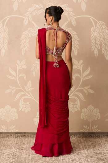 Shop_Ridhi Mehra_Red Chiffon, Net Scoop Neck Dilruba Pre-stitched Saree With Embroidered Blouse _at_Aza_Fashions