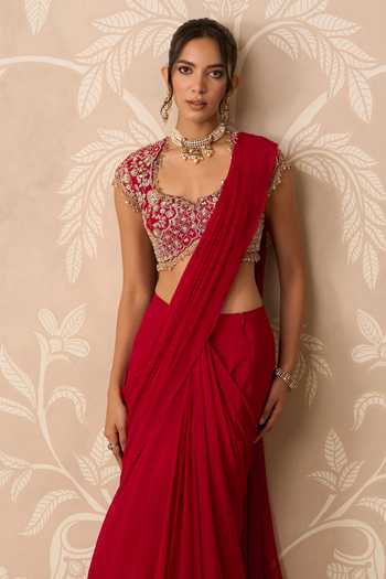 Buy_Ridhi Mehra_Red Chiffon, Net Scoop Neck Dilruba Pre-stitched Saree With Embroidered Blouse _Online_at_Aza_Fashions