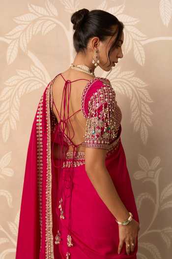 Ridhi Mehra_Fuchsia Silk V-neck Sahiba Border Embroidered Saree With Blouse _Online_at_Aza_Fashions