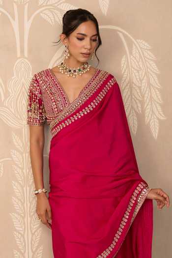 Buy_Ridhi Mehra_Fuchsia Silk V-neck Sahiba Border Embroidered Saree With Blouse _Online_at_Aza_Fashions