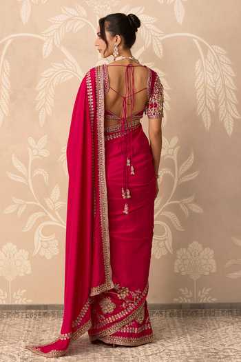 Shop_Ridhi Mehra_Fuchsia Silk V-neck Sahiba Border Embroidered Saree With Blouse _at_Aza_Fashions