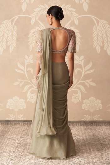 Shop_Ridhi Mehra_Olive Green Organza, Chiffon, Fitoor Embroidered Pre-draped Saree With Blouse _at_Aza_Fashions