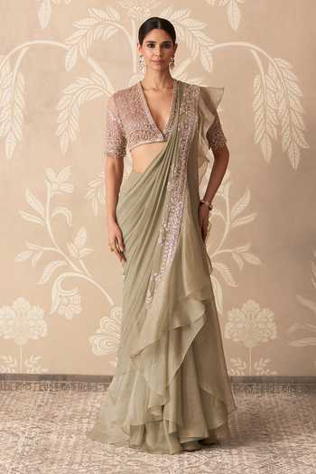 Buy_Ridhi Mehra_Olive Green Organza, Chiffon, Fitoor Embroidered Pre-draped Saree With Blouse _at_Aza_Fashions