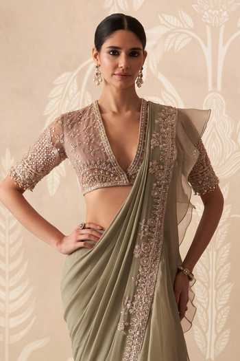 Buy_Ridhi Mehra_Olive Green Organza, Chiffon, Fitoor Embroidered Pre-draped Saree With Blouse _Online_at_Aza_Fashions